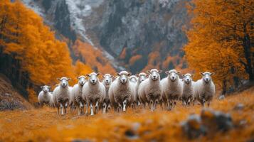 Flock of sheep standing in line on hillside with autumn foliage photo
