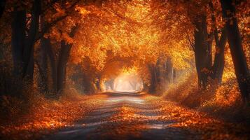Sun shining through canopy of trees creating tunnel of autumn colors photo