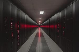 Modern supercomputer running calculations with glowing red lights photo
