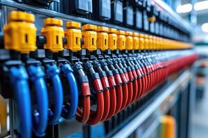 Electrical cabinet showing colorful terminal blocks with connected wires photo