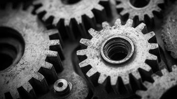 Close-up view of interlocking metal gears forming a complex mechanism in monochrome photo