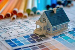 Architect choosing color from palette for home design project photo