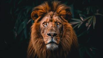 Close-up portrait of a fierce and powerful lion with an intense expression. photo