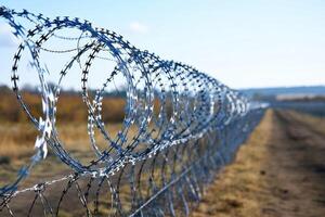 Barbed wire fence creating a secure border line under blue sky photo