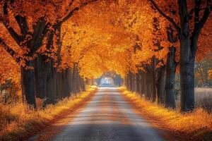 Country road passing through a golden tunnel of trees in autumn photo