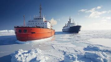 Two icebreakers navigating frozen arctic ocean on sunny day photo
