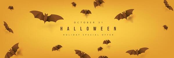 Happy Halloween banner template with flock of bats flying on orange background vector