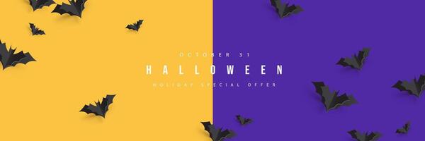 Happy Halloween banner template with flock paper art of bats flying vector