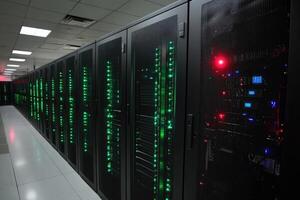 Modern supercomputer running calculations with glowing red lights photo
