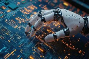 Robot hand working on motherboard analyzing data in futuristic environment photo