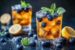 Refreshing iced tea with blueberry and lemon on a rustic table photo