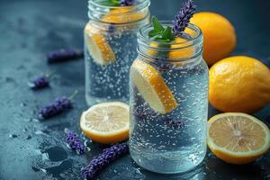 Refreshing lavender lemonade with lemon slices in mason jars on rustic wood photo