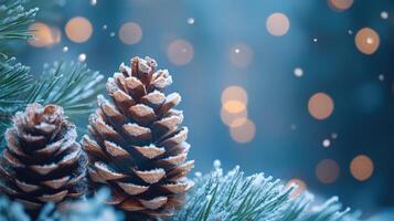 Pine cones covered with snow resting on pine tree branch photo
