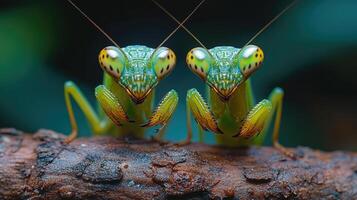 Two green praying mantises are standing on a branch photo