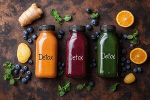 Bottles of colorful detox juices with fresh ingredients surrounding them photo