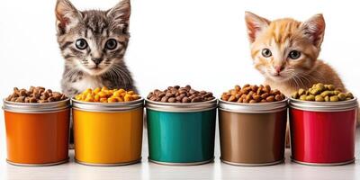 Two kittens sitting behind a row of colorful cans full of dry food photo