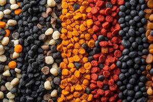 Colorful dry pet food in a row forming a background image photo