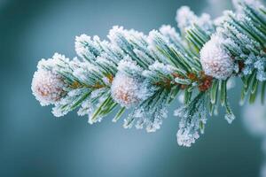 Frozen pine tree branch with cones is covered with frost in winter with bokeh lights photo