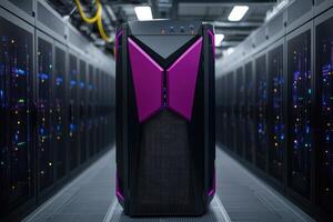 Powerful server unit standing in dark data center corridor photo