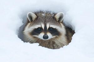 Curious raccoon peeks out from its snowy burrow photo