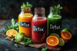 Bottles of colorful detox juices with fresh ingredients surrounding them photo