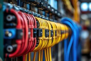 Electrical cabinet showing colorful terminal blocks with connected wires photo