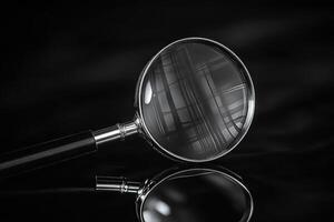 Magnifying glass on black background exploring the unknown photo