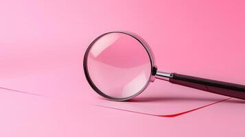 Magnifying glass resting on pink background with copy space photo