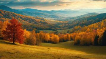 Lonely red maple tree standing out from the crowd in beautiful autumn valley photo