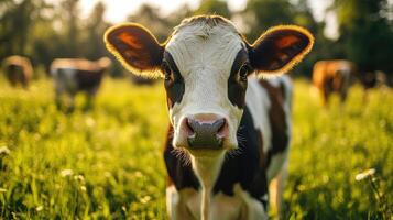 Black and white dairy cow posing on a grass field on a sunny day photo