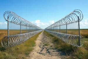 Barbed wire fence creating a secure border line under blue sky photo