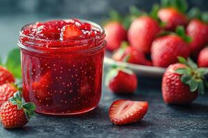Jar full of strawberry jam with fresh strawberries and mint leaves on black table photo