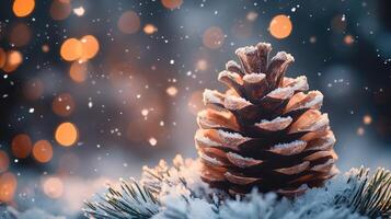 Pine cone covered with snow resting on a branch in winter with falling snow and bokeh lights photo
