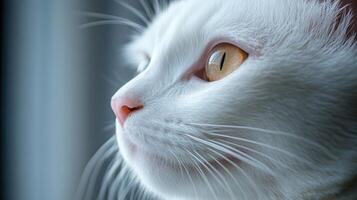 White cat looking through window with curious expression photo