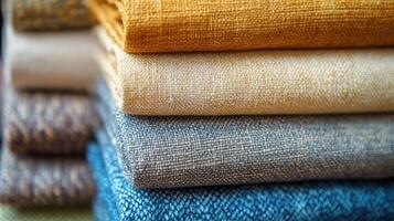 Stack of linen fabric in various colors showing texture photo