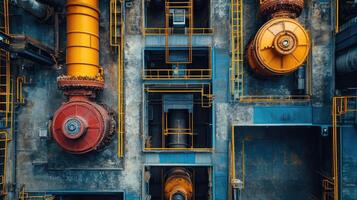 Industrial machinery operating inside factory with cogs turning photo