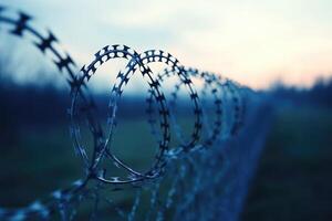 Barbed wire fence creating a secure border line under blue sky photo
