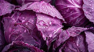 Close-up of fresh red cabbages with water drops on their leaves. photo