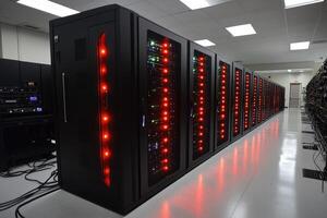 Modern supercomputer running calculations with glowing red lights photo
