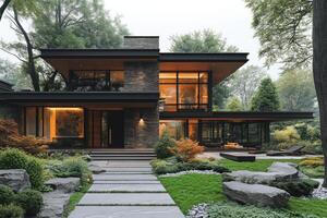 Modern luxury home exterior surrounded by lush greenery at twilight photo