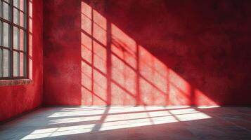 Sunlight casting geometric shadows on a red wall in an empty room photo
