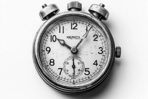 Old stopwatch showing time passing by sitting on white background photo