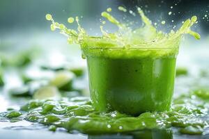 Green smoothie overflowing glass with big splash photo