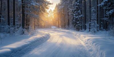 Snowy road winding through a tranquil winter forest at sunset photo