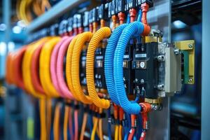 Electrical cabinet showing colorful terminal blocks with connected wires photo