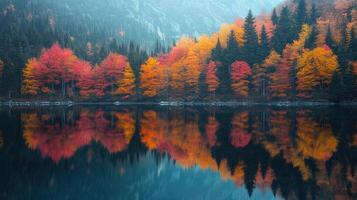 Serene lake reflecting colorful autumn foliage and misty mountain landscape photo