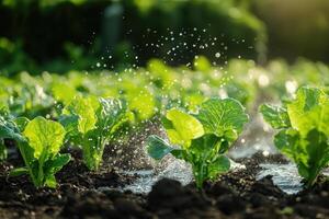 Irrigation system watering rows of sugar beets in agricultural field photo
