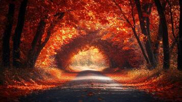 Sun shining through canopy of trees creating tunnel of autumn colors photo
