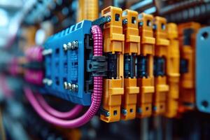 Electrical cabinet showing colorful terminal blocks with connected wires photo