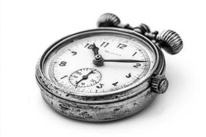 Old stopwatch showing time passing by sitting on white background photo